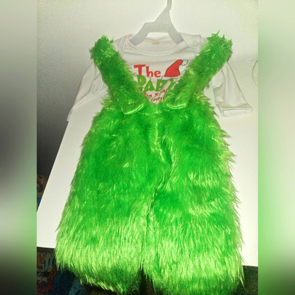 Festive Green Furry Overalls with White Shirt